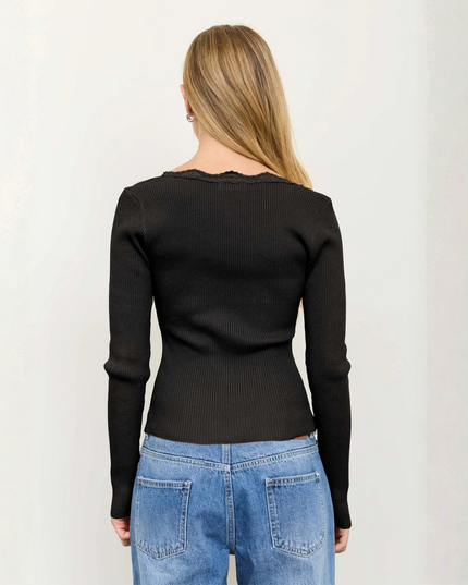 Square Neck Lace Trim Ribbed Sweater