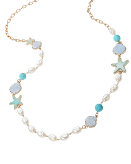 Sea Shell Starfish Pearl Link Long Gold Necklace