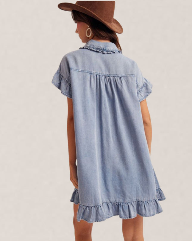 Ruffle Short Sleeve Button Down Mini Dress