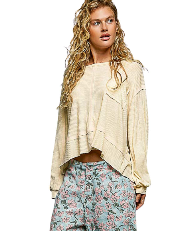 Round Neck Chest Pocket Long Sleeve Top