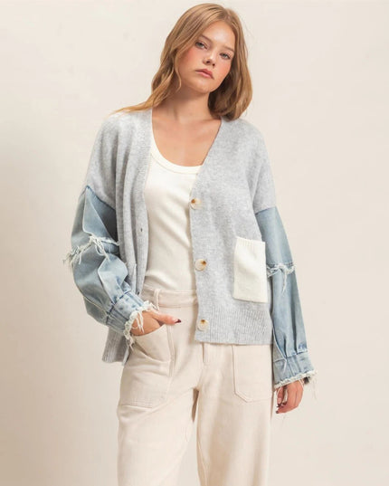 Denim Sleeves V Neck Cardigan Sweater