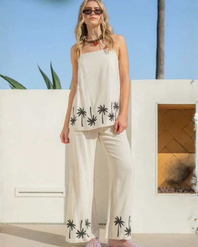 Palm Tree Border Elastic Waist Wide Leg Pants
