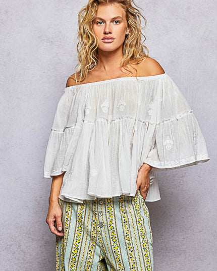 Off Shoulder Floral Embroidery Half Sleeve Top
