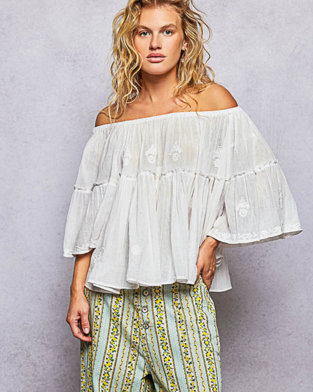 Off Shoulder Floral Embroidery Half Sleeve Top