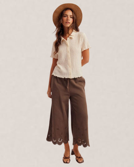 Embroidered Elastic High Waist Culotte Pants