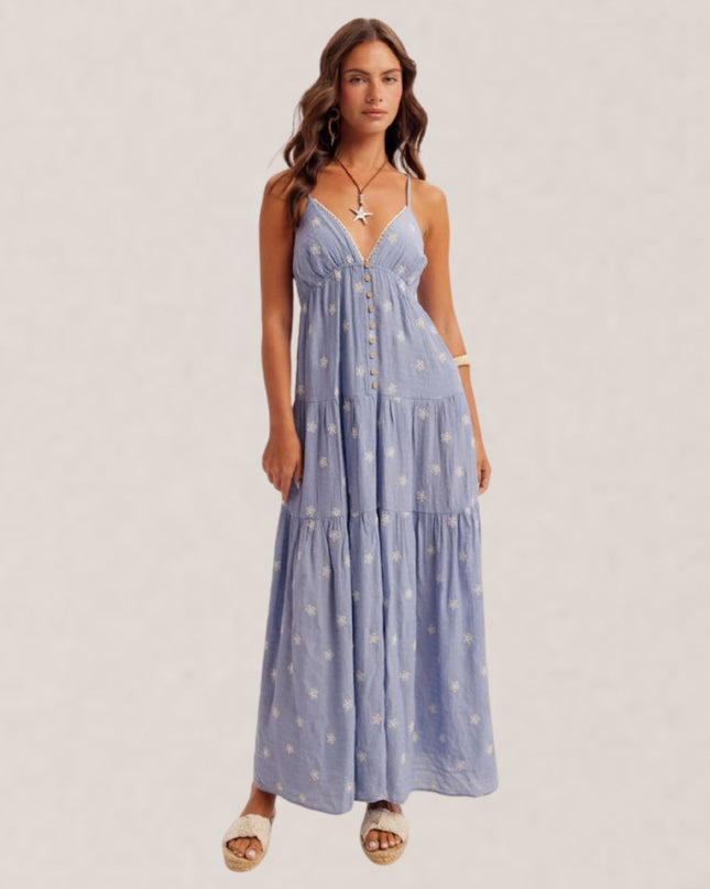 Floral Embroidery Front Button Sleeveless Maxi Dress