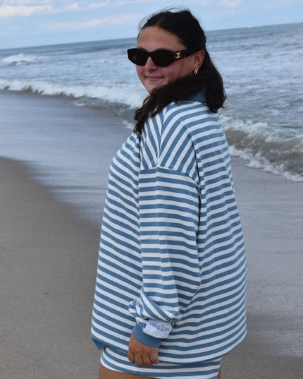 Striped Mock Neck Sunshine Daydream Sleeve Patch Logo Lightweight Terry Sweatshirt Dusty Blue