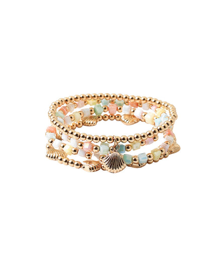Clam Shell Charm Cube Bead Gold Ball Bead 4 Bracelet Set