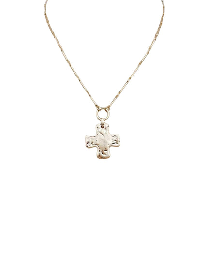 Hammered Cross Ring Charm Thin Chain Necklace