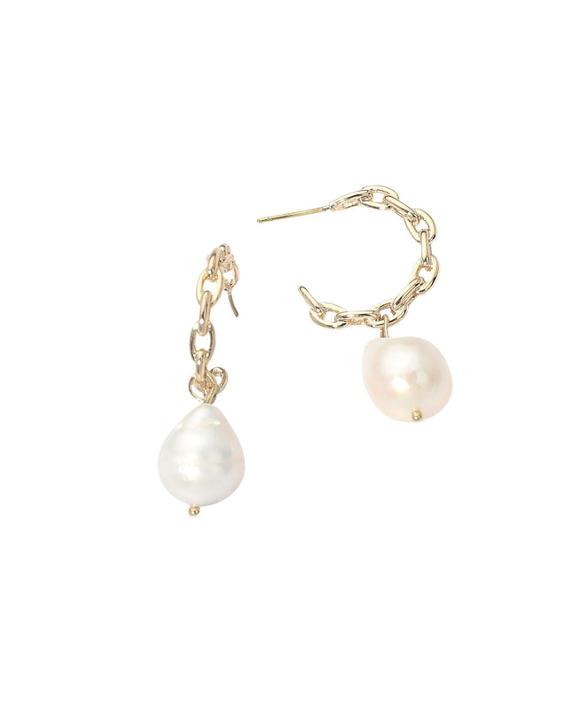 Pearl Drop Chain Link Hoop Earrings