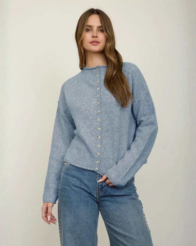 Raw Edge Mock Neck Button Down Cardigan Sweater