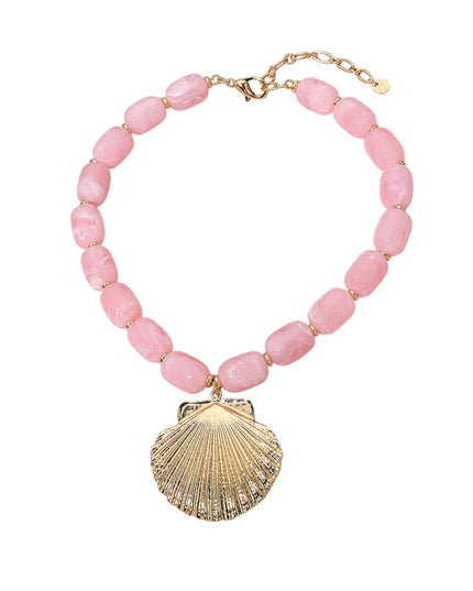 Textured Seashell Pendant Resin Pebble Bead Gold Metal Necklace