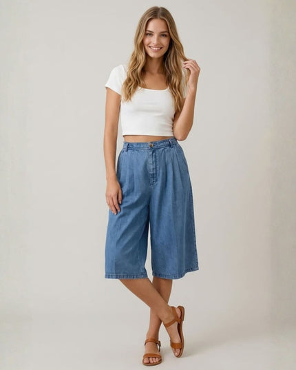 Chambray Pleated Knee Length Wide Leg Culotte Pants