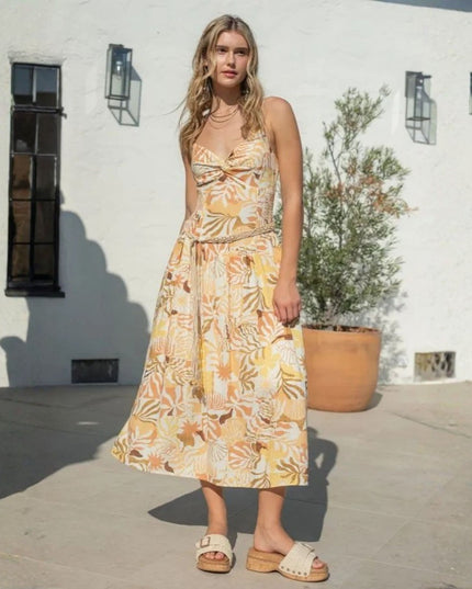 Leaf Printed Spaghetti Strap Midi Dress