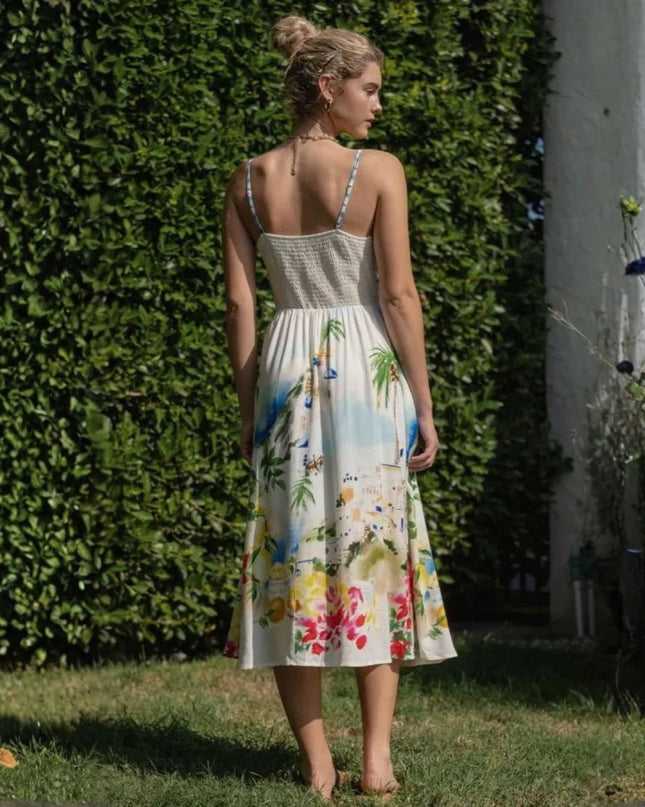 Vibrant Scenic Print Front Tie Spaghetti Strap Midi Dress