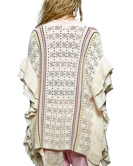 Vertical Strip Loose Knit Ruffle Sleeveless Open Cardigan Sweater