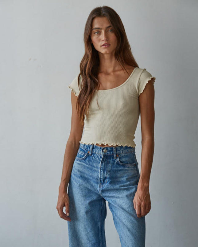 Merrow Ruffle Edge Ribbed Cap Sleeve Crop Top