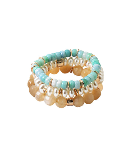 Chunky Natural Stone Bead Pearl Gold Disc 3 Bracelet Set