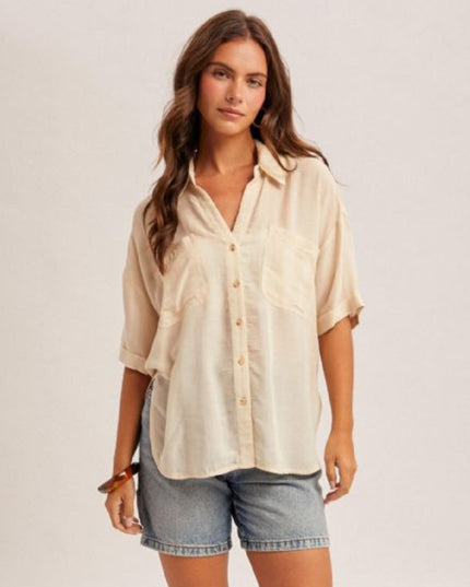 Stripe Collared Button Down Short Sleeve Top
