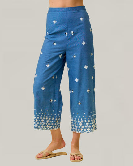 Scallop Embroidered Back Elastic Waist Chambray Pants