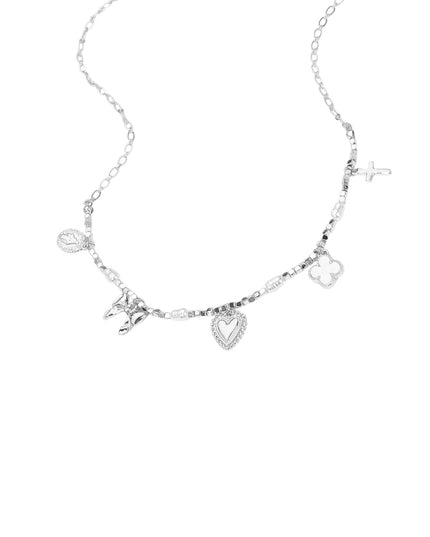 Heart Quatrefoil Bow Cross Charm Station Pearl Beaded Necklace