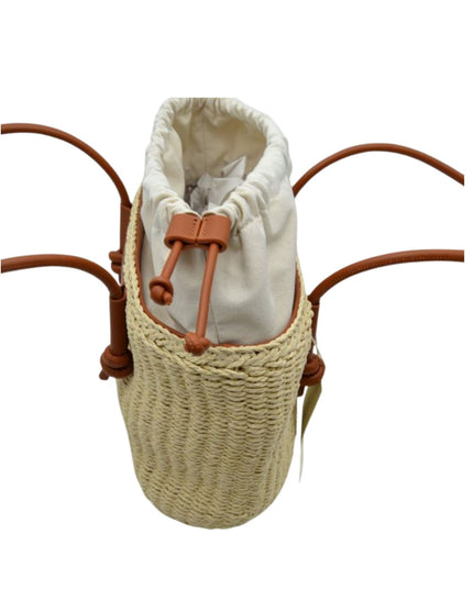 Rectangle Straw Cinch Cloth Interior Vegan Leather Strap Shoulder Bag
