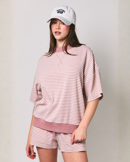 Mock Neck Striped Short Sleeve Top