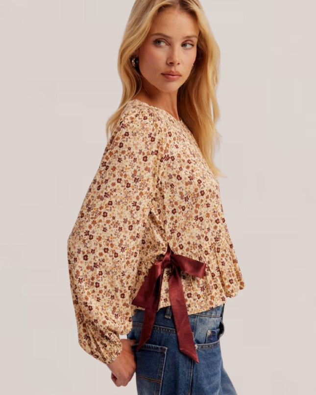 Floral Printed Side Ribbon Tie Puff Long Sleeve Top