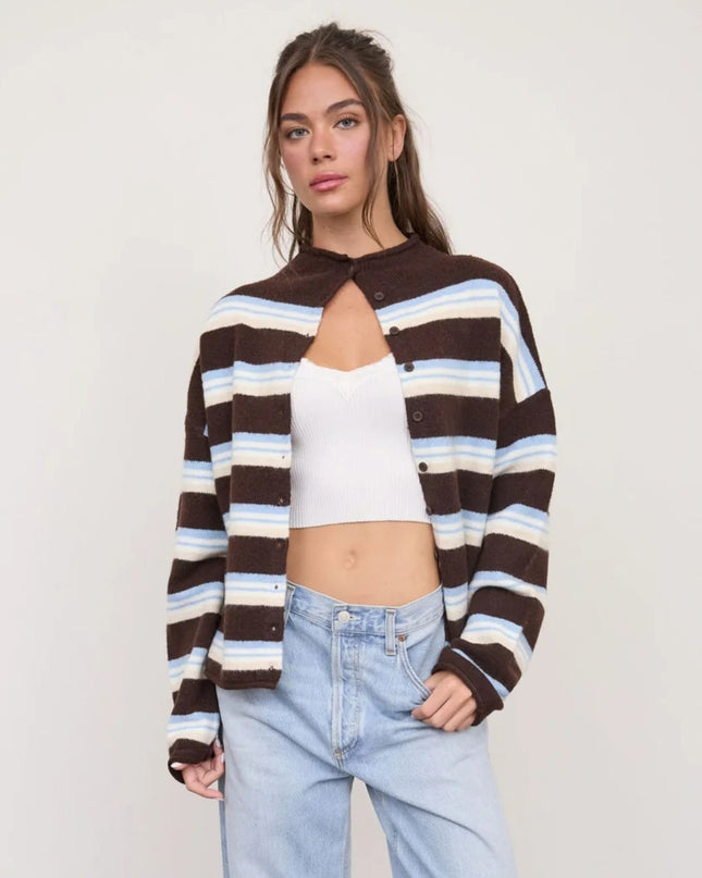Multi Color Strip Rolled Neck Cardigan Sweater