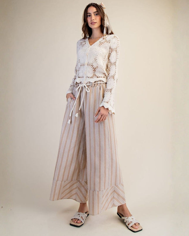 Vertical Stripe Wide Leg Elastic Waist Tassel Rope Belt Palazzo Pants