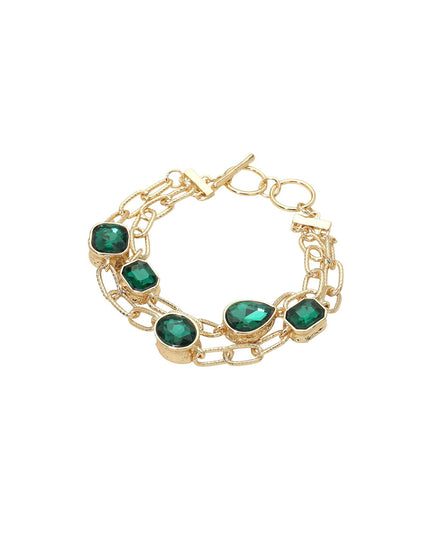 Shaped Bezel Crystals Double Gold Chain Link Toggle Bracelet