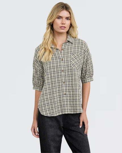 Plaid Half Sleeve Collared Button Down Top