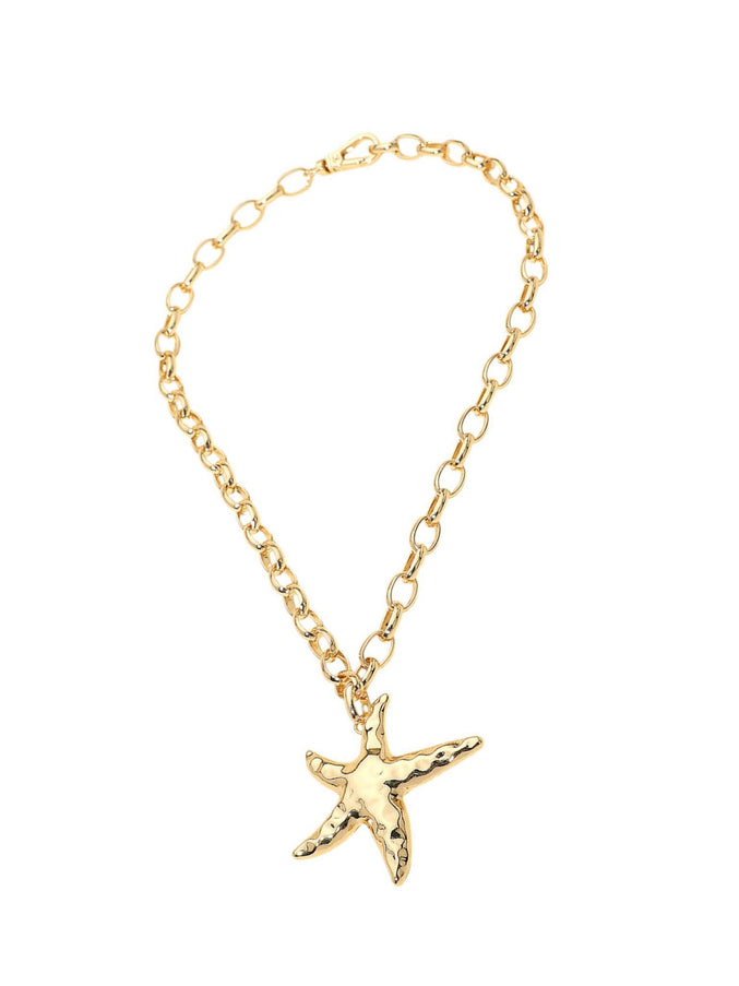 Hammered Metal Starfish Pendant Chunky Chain Necklace