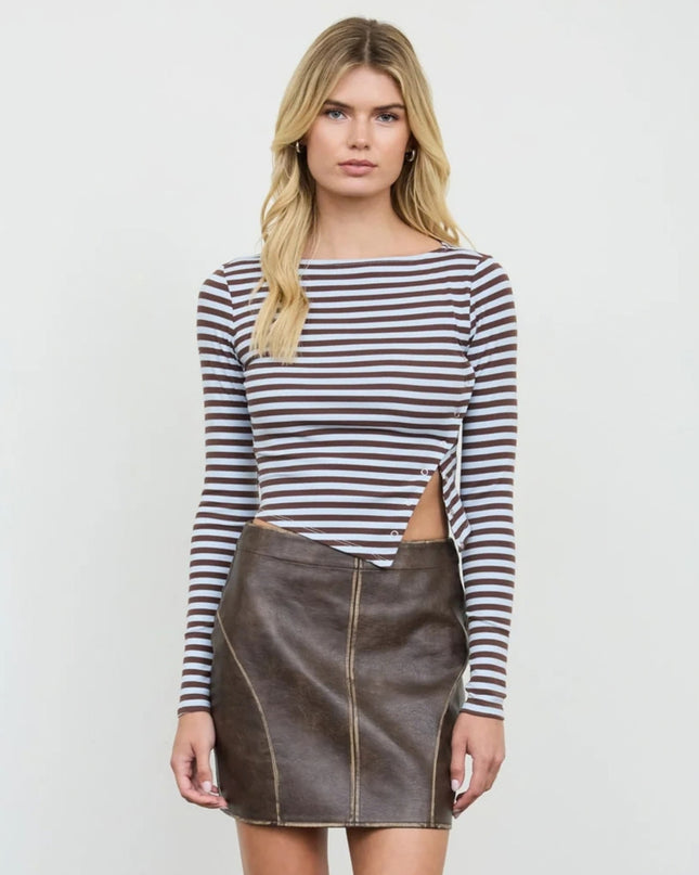 Asymmetrical Snap Button Striped Boat Neck Long Sleeve Top