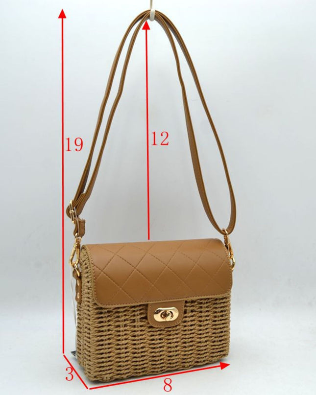 Square Straw Quilted Vegan Leather Closure Shoulder Bag