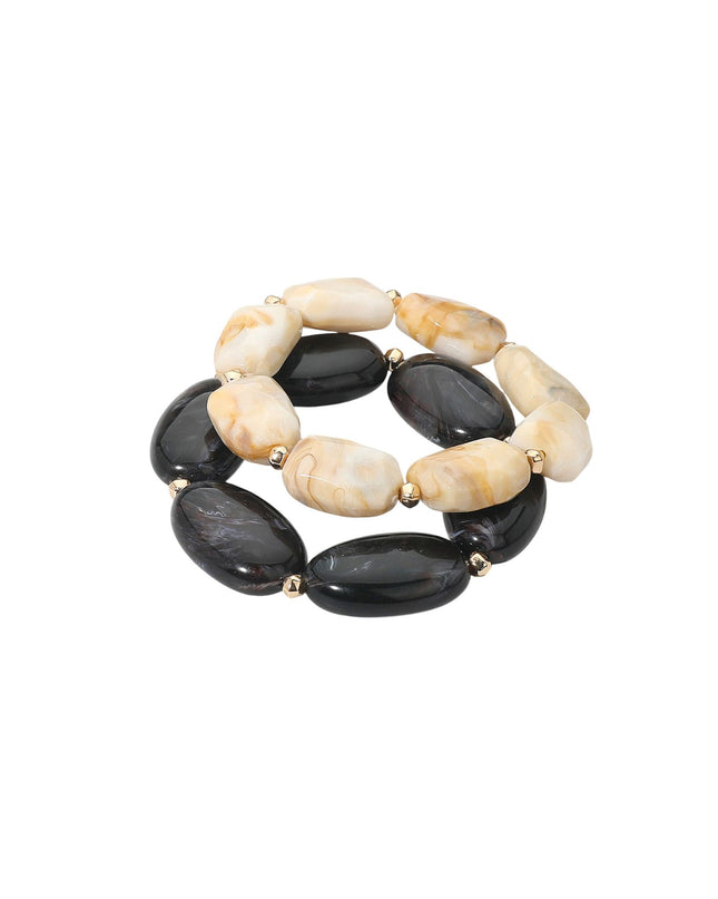 Oval Stone Gold Metal Ball Bead 2 Bracelet Set