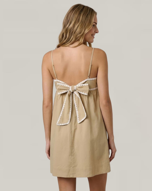 Blanket Stitch Trim Back Bow Spaghetti Strap Mini Dress