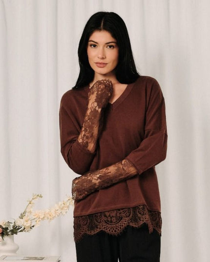 Lace Trim Sleeves V Neck Sweater