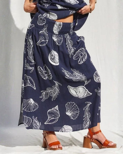 Smocked Waist Seashell Printed Maxi Skirt