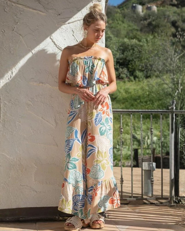 Floral Print Strapless Wide Leg Jumpsuit