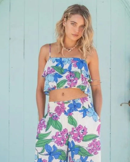 Spaghetti Strap Ruffle Floral Printed Crop Top