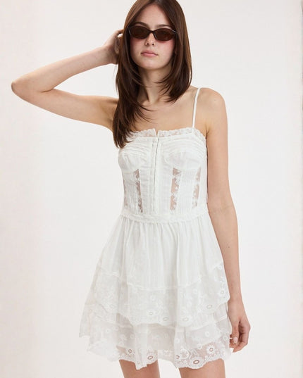 Solid Hook & Eyes Layered Floral Lace Mini Dress