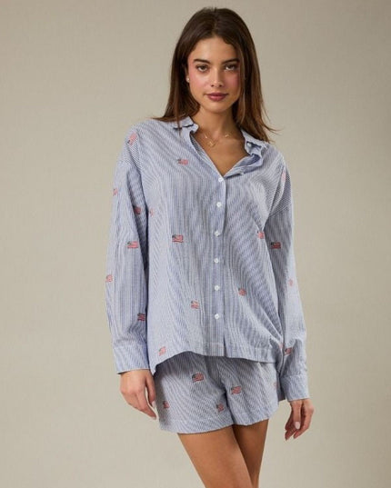 Stripe Flag Embroidered Button Down Top