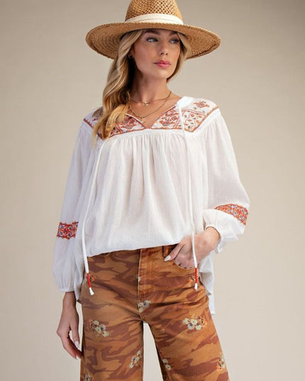 Embroidered Long Sleeve Gauze Baby Doll Top