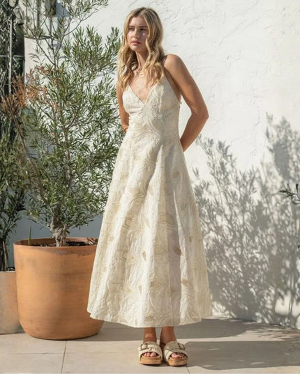 Embroidery Thin Strap Tie Back Maxi Dress