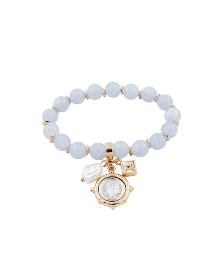 Disc Cubic Crystal Pearl Charm Resin Gold Metal Beaded Bracelet