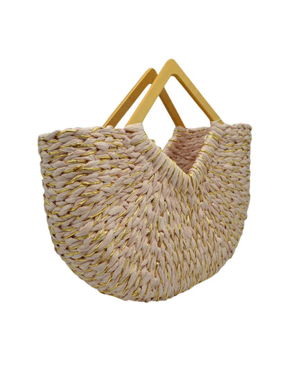 Large Straw Wood Point Handle Tote