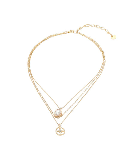 Oval Pearl Circle Cross Triple Layered Chain Necklace