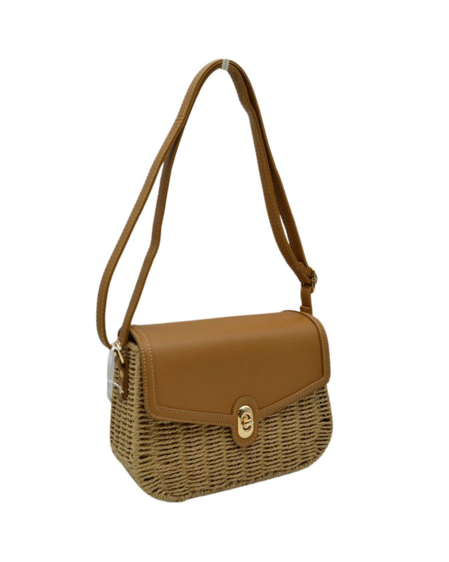 Vegan Leather Closure & Strap Straw Crossbody Bag