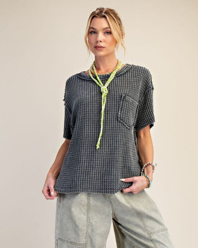 Waffle Textured Patch Pocket Short Sleeve Top